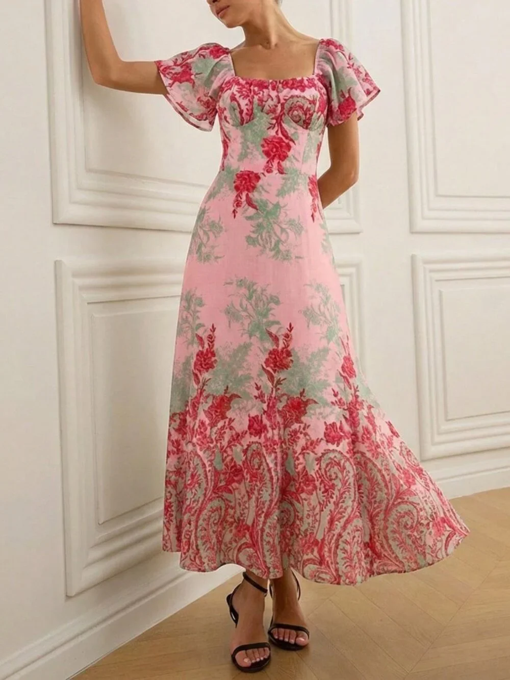Pink Elegant Women's Floral Print maxi Dress - Picture 4 of 6